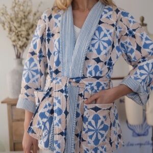 Marea by Liz Joy Quilted Jacket- Blue Cafe Tile Size S/M Tie Waist